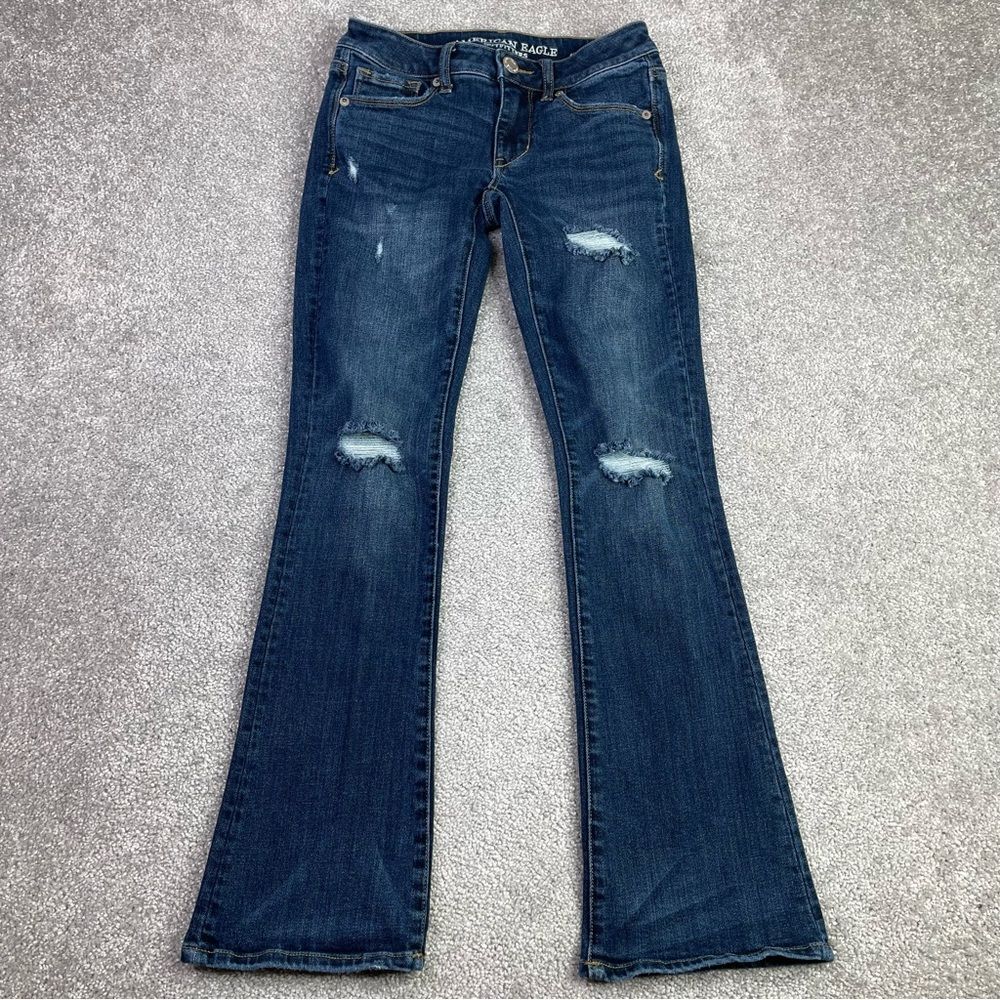 American Eagle Jeans Women’s 00 Short Blue Skinny Kick Low Rise Dark Wash